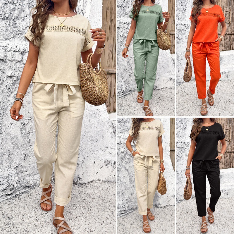 European and American women's clothing Amazon Shein foreign trade 2024 spring and summer temperament casual short sleeve jacket pants suit