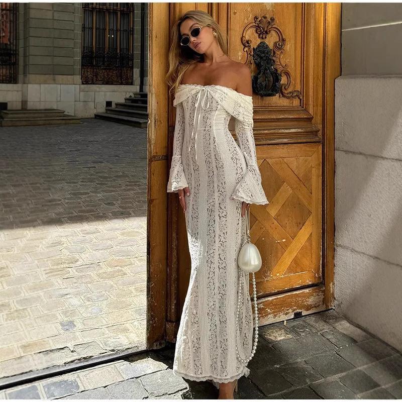 2025 Cross-border AliExpress Explosions Fashion Sexy off-shoulder Waist Lace Long Dress Trumpet Sleeve