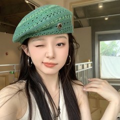 レトロミントブルー中空ベレー帽女性の夏薄型多用途顔見せ小さなベレー帽大きな頭囲画家の帽子