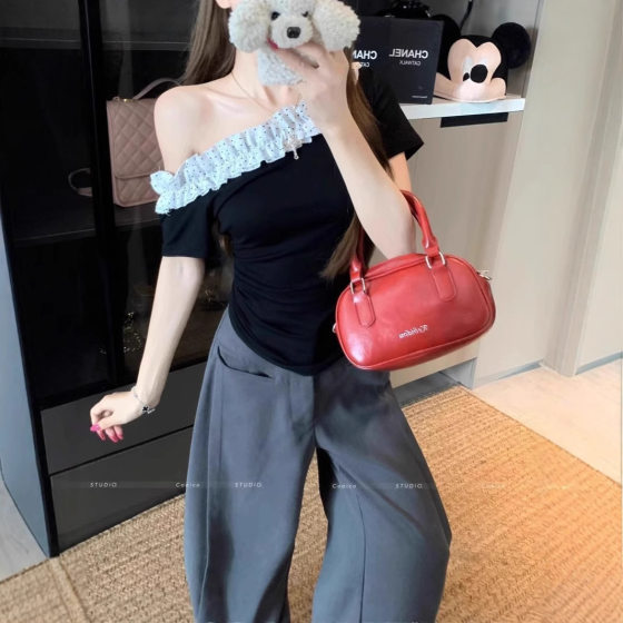 Summer New Style Pure Lust Hot Girl Short Pure Cotton Short-Sleeved T-Shirt Women's Slimming Look Versatile Design Top for Women