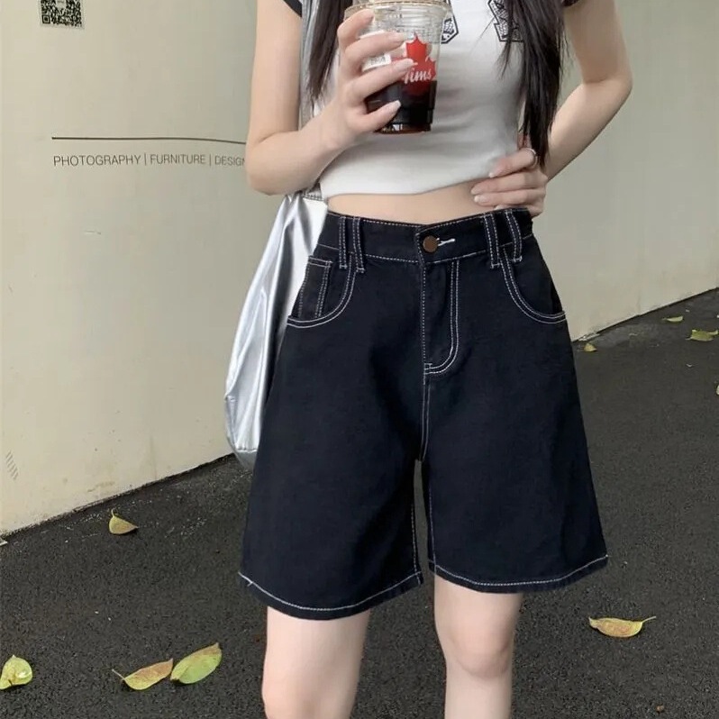【韩牛】黑色牛仔短裤女夏宽松直筒2025秋季高腰显瘦百搭五分裤子|undefined