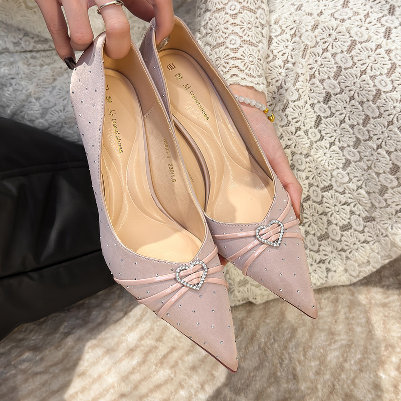 Spring Elegant Party Shoes, French-Style Stunning Single Shoes with 8cm Thin Heels, Heart-Shaped Rhinestones, Pink Pointed-Toe High Heels, Aristocratic Style Spring Elegant Party Shoes, French-Style Stunning Single Shoes with 8cm Thin Heels, Heart-Shaped Rhinestones, Pink Pointed-Toe High Heels, Aristocratic Style