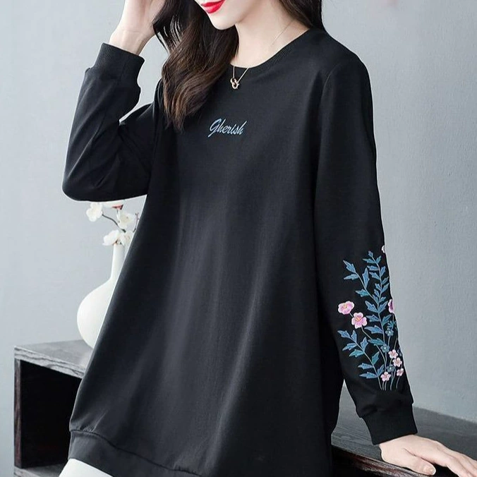 Осенняя и зимняя одежда с круглым вырезом с вышивкой свиток большого размера женская толстая мама китайская вышивка тонкая топ большого размера футболка с длинными рукавами