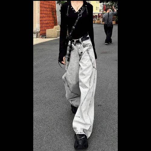 Summer Personalized Splicing Loose Wide Leg Pants Slim Heavy Industry Trendy Cool Denim for Women and Men