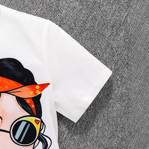 Lazada Cross-Border Summer Cartoon Avatar Lapel Short-Sleeved Shirt for Girls—European and American Style, Thin and Loose Fit, Kids' Clothing