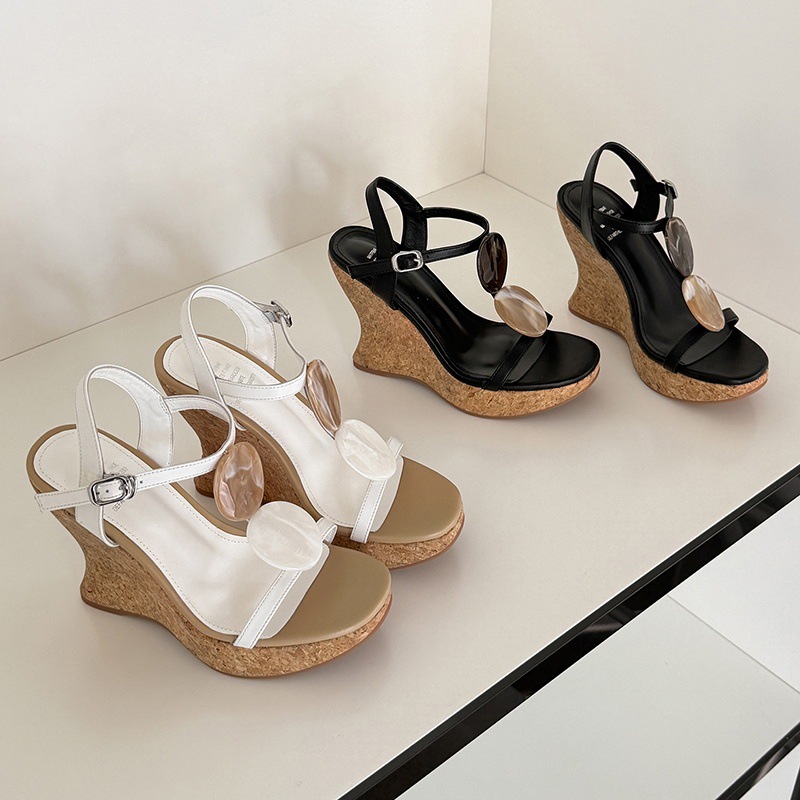 Sandal cao gót nữ phong cách cổ điển, đế xuồng platform, gót 9 cm, quai ngang kiểu La Mã — màu đen, màu trắng