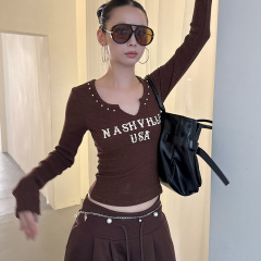 MMFISH时髦街头V领设计感高弹显瘦彩点字母铆钉复古T恤25T549