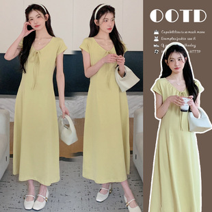 Maternity 2025 Summer New French Style Retro Sweet Lace-up V-neck Slimming Loose plus size Maternity dress
