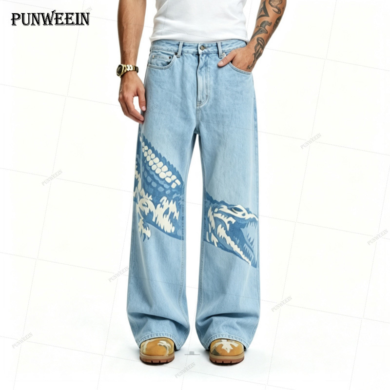 Cross-border trendy hot-selling washed distressed Harajuku crocodile jeans, high street casual straight-leg pants