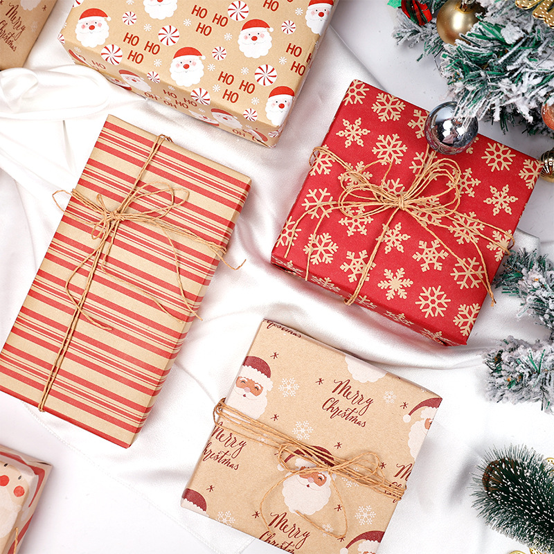 Estilo explosivo transfronterizo Papel enrollado de gran tamaño Papel de regalo de Navidad Papel kraft amarillo retro ecológico Papel de regalo de Navidad