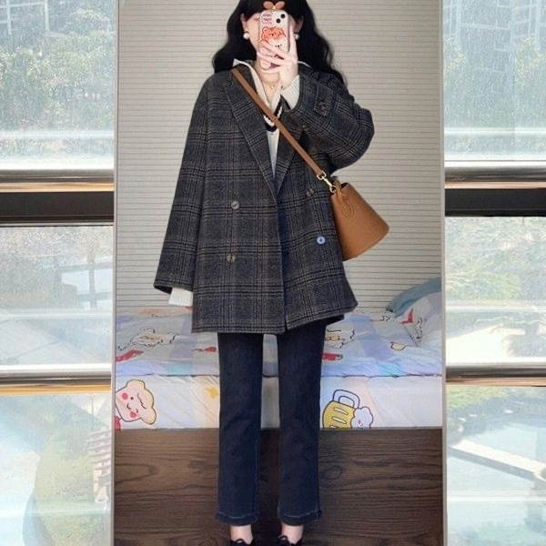 韩系大衣小香风盐系轻熟风格子毛呢外套高级感慵懒韩风衣中长款衣|undefined
