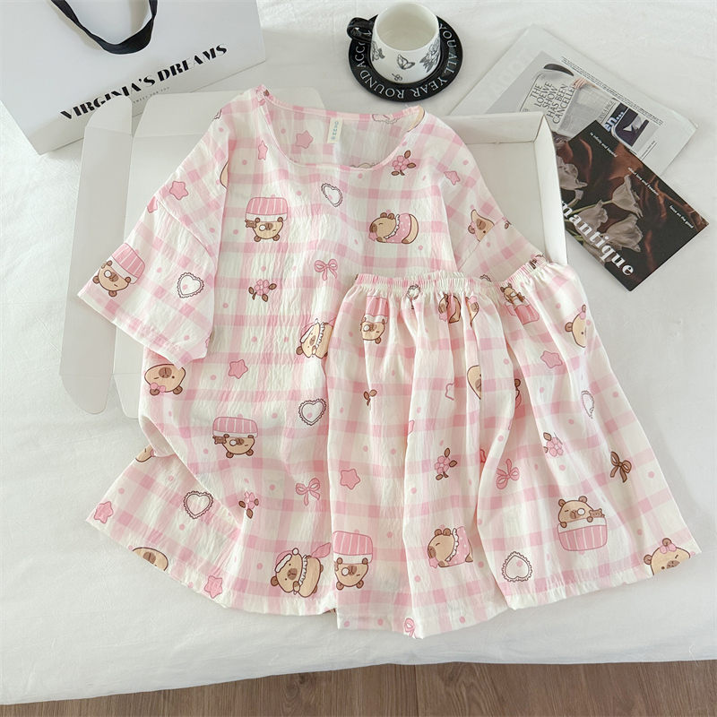 Transfronterizo al por mayor pijamas de algodón nubes de dibujos animados ropa de casa de mujer chaqueta manga corta pantalones cortos set set de cuello redondo set de dos piezas