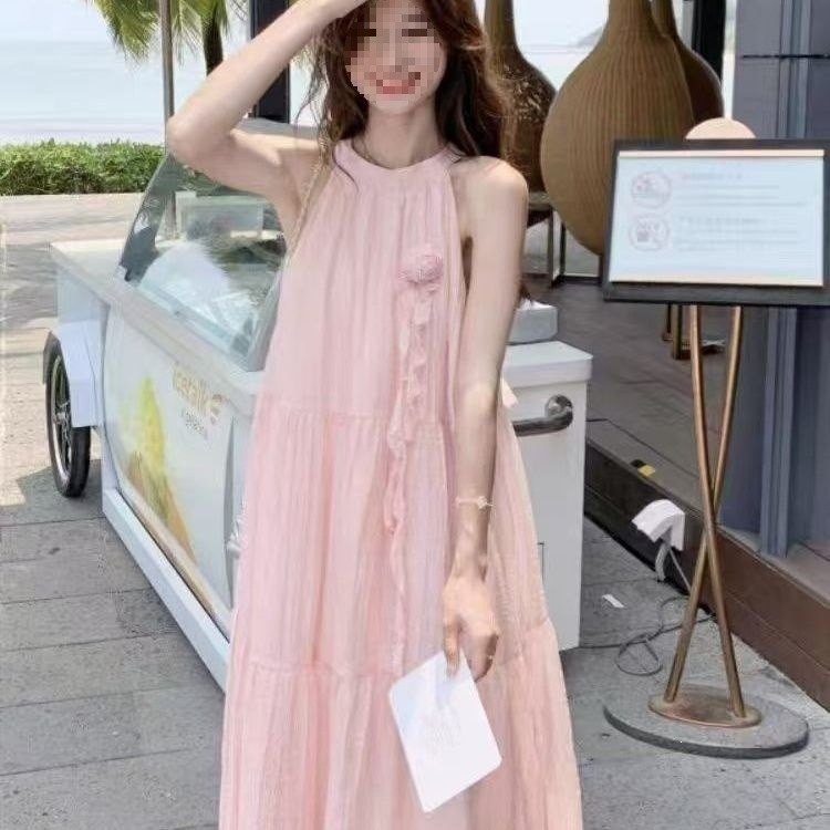 Đầm maxi nữ thắt eo phong cách Pháp hoa nhẹ nhàng không tay dáng dài mùa hè — màu xanh nhạt, màu trắng, Vàng nhạt, màu mơ chi tiết 9