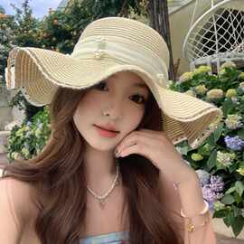 波浪边蕾丝珍珠蝴蝶结草帽女夏季海边遮阳防晒帽大帽檐太阳帽批发