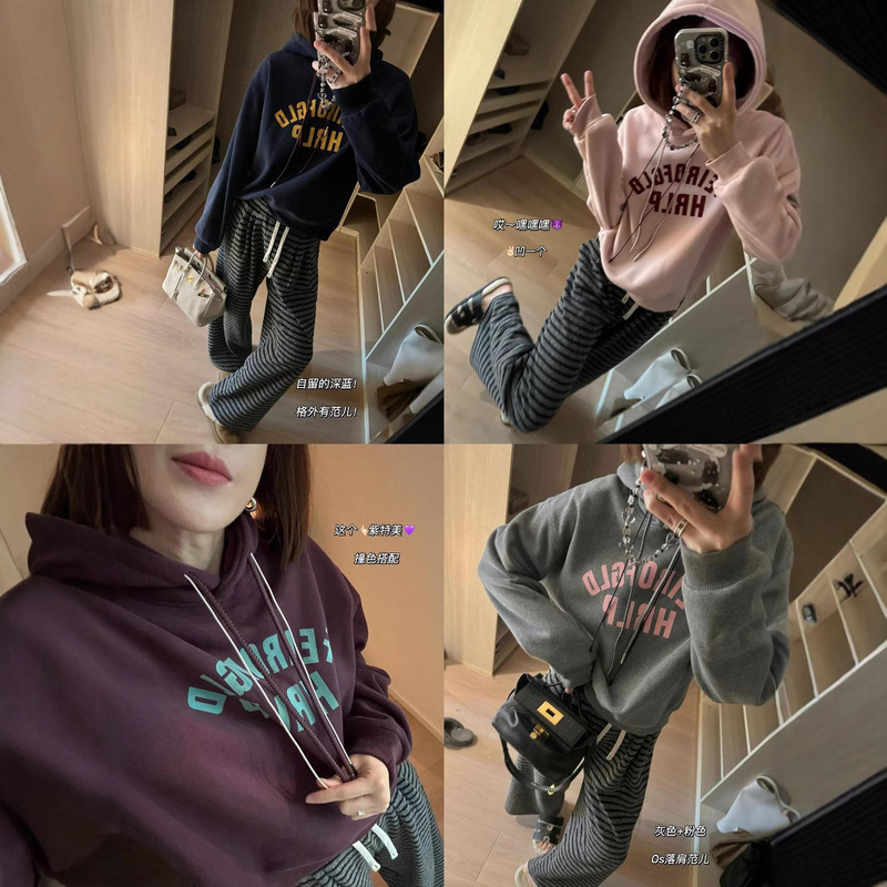 Early winter fire wool composite fabric explosions color double drawstring letters hooded fleece-lined sweater hoodie F111511 Early winter fire wool composite fabric explosions color double drawstring letters hooded fleece-lined sweater hoodie F111511