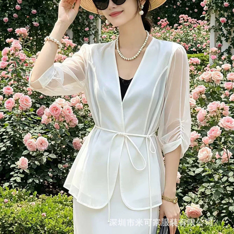 V-Neck Tie Silk Cardigan Blazer for Women, Stylish and Suitable for Work, Sun Protection Outerwear, Slim Fit, Flattering Mulberry Silk Top