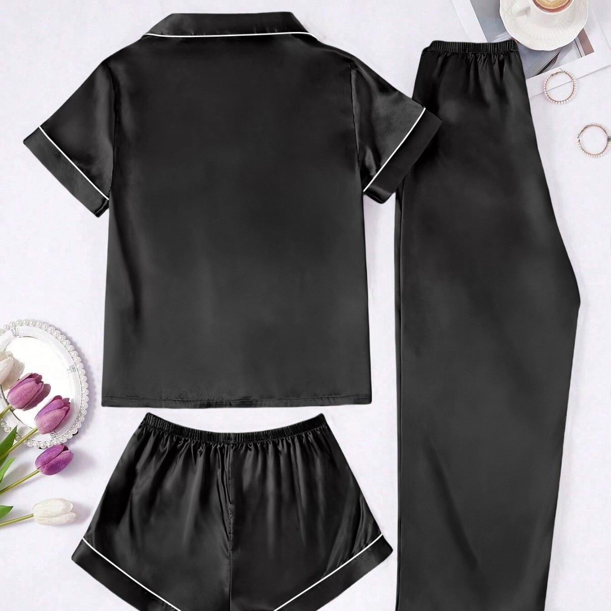 Comercio exterior transfronterizo Seddin pijamas de verano cardigan de color sólido con solapa mangas cortas pantalones largos lisos ropa de casa de mujer estilo francés