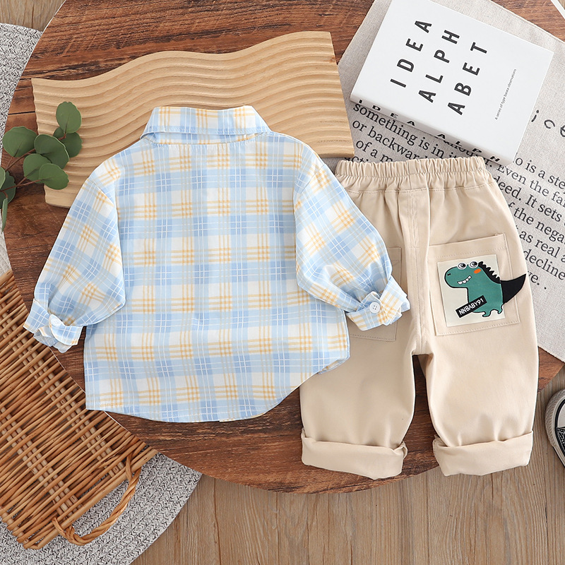 Jongensoutfit 2025 Nieuwe modieuze kinderstrik met beeroverhemd, lange mouwen, tweedelig setje, lente- en herfstkleding, trendy_voghion.com