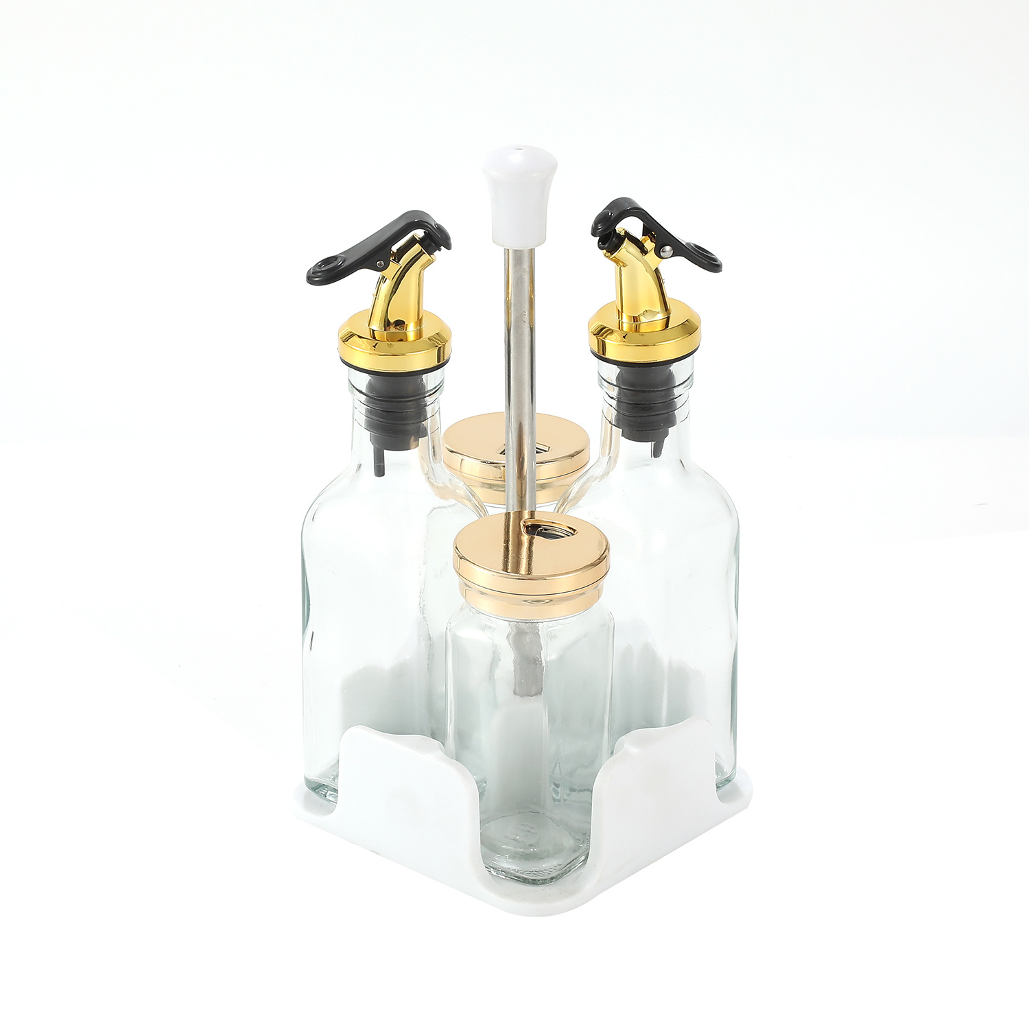 Botella cuadrada de lujo ligera de cuatro piezas Botella de condimento de vidrio de cocina Olla de aceite Tanque de sal a prueba de humedad Tarro de condimento Botella giratoria