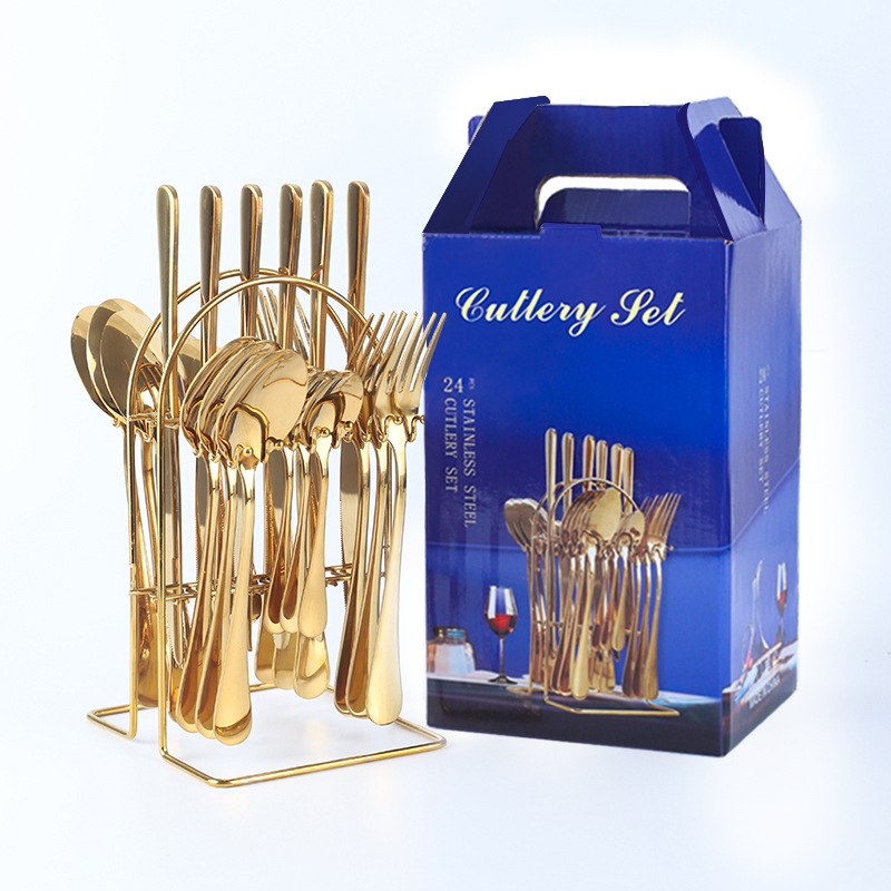 Amazon popular vajilla de acero inoxidable 24 piezas traje 1010 cuatro piezas principales cuchillo de comida occidental, tenedor y cuchara traje rack caja de regalo