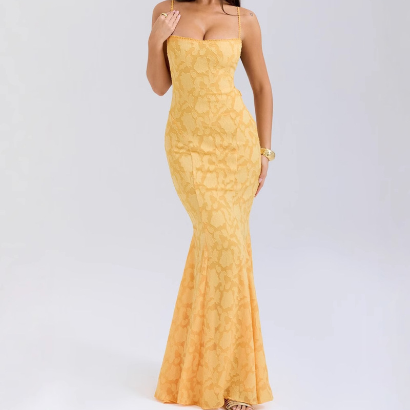 French Style Hot Girl Pure Desire Lace Sexy Square Collar Sling Belt Waist Strap Super Long Fishtail dress Women's Summer New Arrival