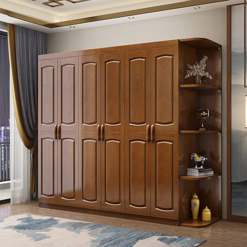 Modern Chinese solid wood wardrobe rubber wood double doors three, four, five and six doors large wardrobe bedroom furniture factory direct sales