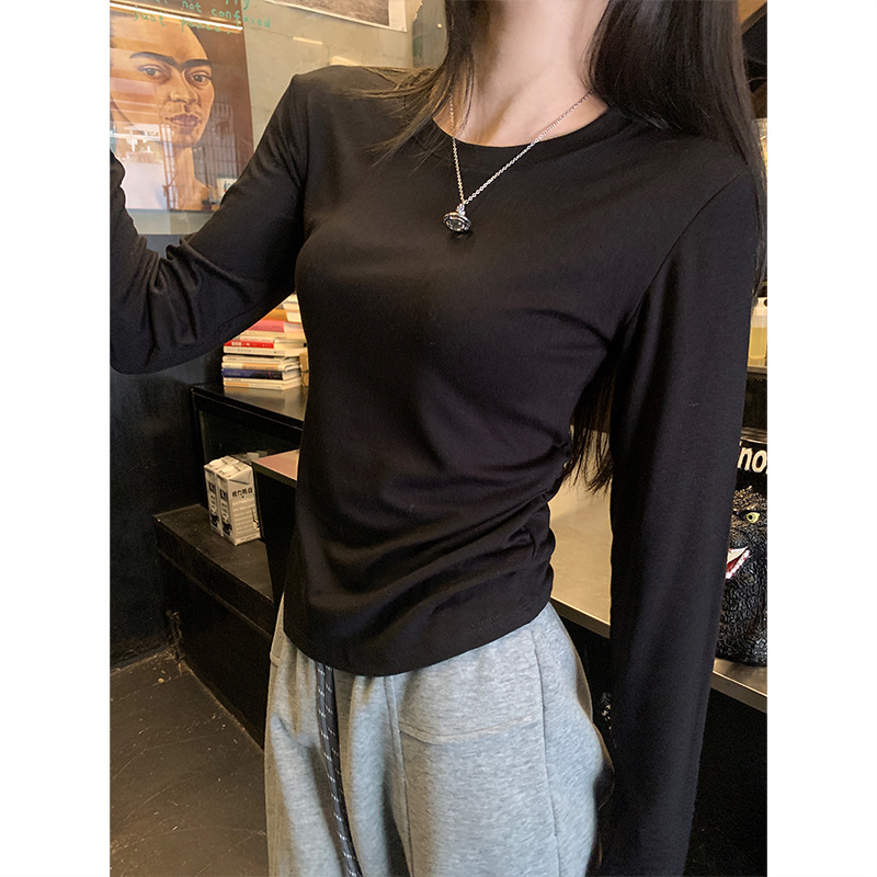 (2개) 블로거 추천 [웨어 앤 테이크 케어] 가을과 겨울 캐주얼 라운드 넥 긴소매 주름진 허리 티셔츠베이스 셔츠의 한국판