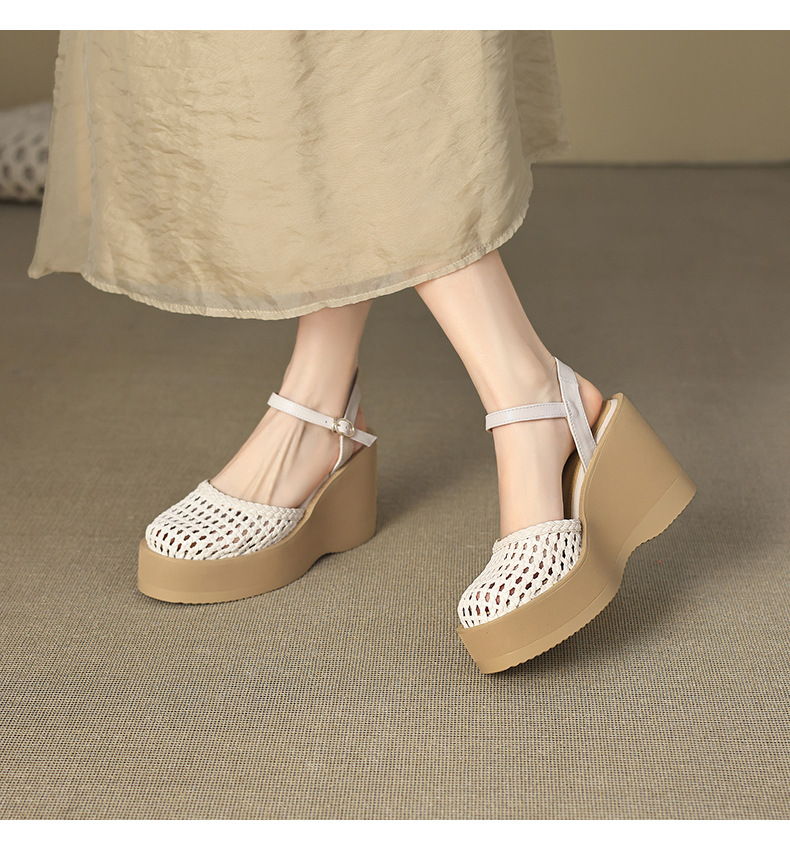 Sandal nữ da thật bít mũi đế xuồng cao gót 9 cm phong cách La Mã đan lưới — màu đen, màu trắng ngà chi tiết 12