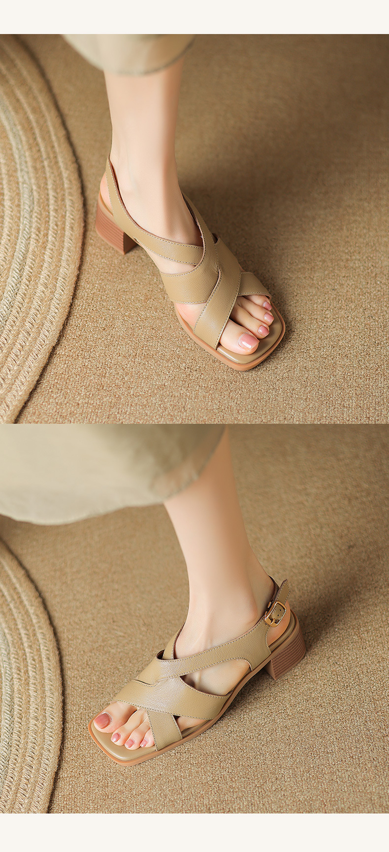 Sandal La Mã da cừu đan sọc rộng gót thô hở ngón — Màu camel chi tiết 13