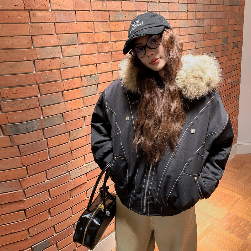 新品韩版毛绒棉服外套内里加绒美式复古大毛领连帽保暖短款棉衣|undefined