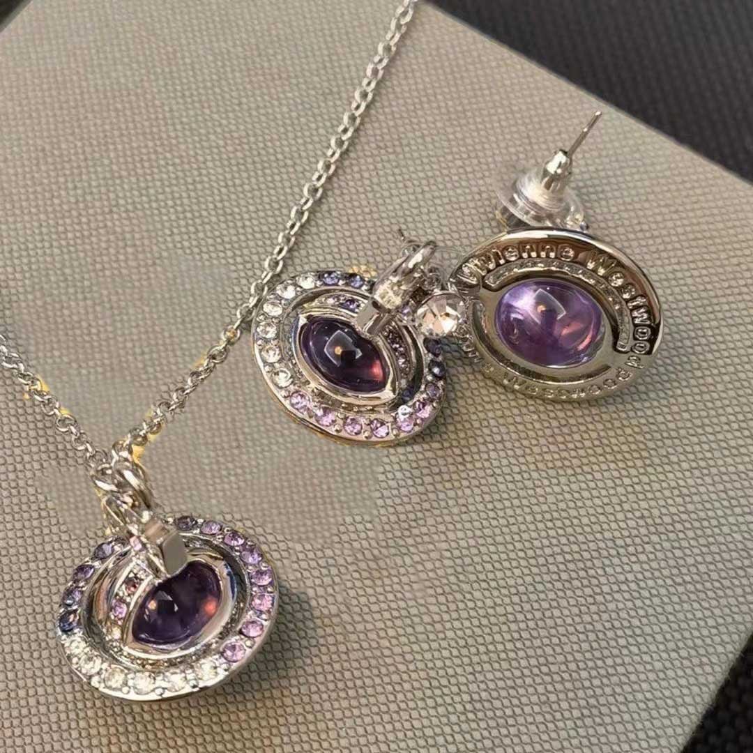High-End Version of the Empress Dowager's Super Shiny Saturn Gradient Full Diamond 3D Orb Medium-Sized Necklace and Earrings for Women with a Luxurious Feel