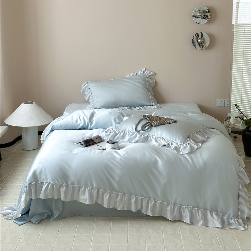 Conjunto de quatro peças Summer Cool Ice Silk, estilo coreano feminino, 60 fios, em tecido Lenzing Tencel. Capa de edredom e capa de edredom com elástico, em renda macia e sedosa, ideal para o verão._voghion.com