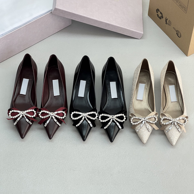 High-end! JC2026 early spring women's pointed-toe slip-on shoes with rhinestone bow and glitter, suitable for parties and weddings