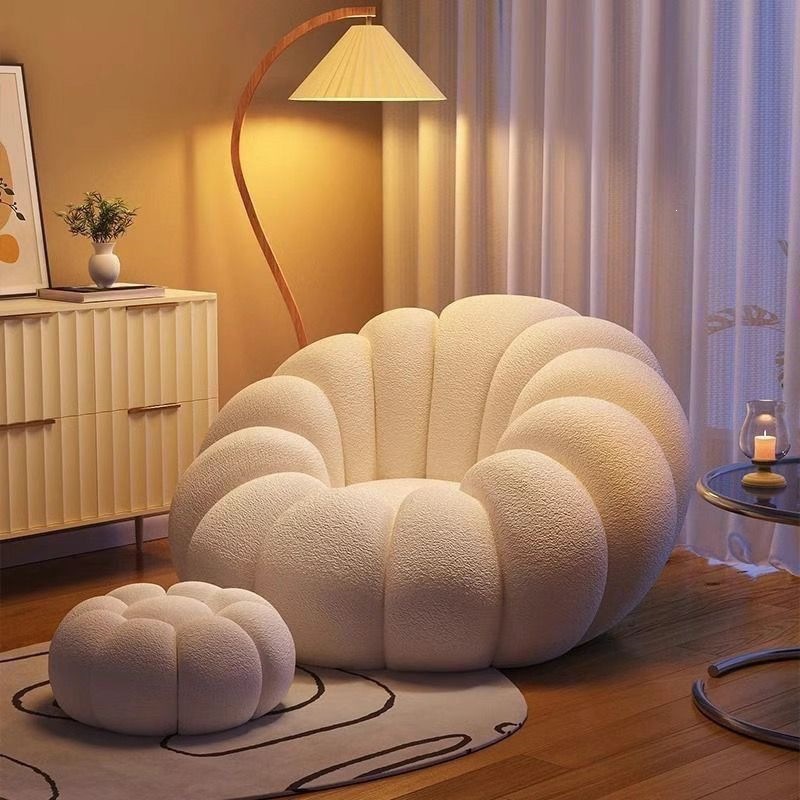 Cream-style lazy sofa, suitable for lying and sleeping, pumpkin-shaped sofa chair for small spaces, lamb wool fabric, single-person swivel chair