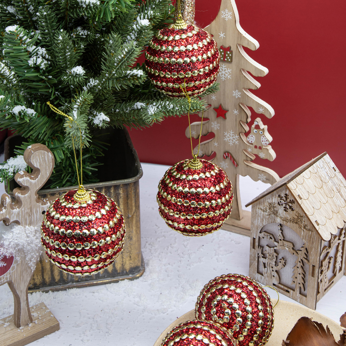 En stock stick cadena perlas brillo BOLA DE Navidad espuma bola colgante 8cm6/PCS vacaciones decoración bola centro comercial ventana Decoración