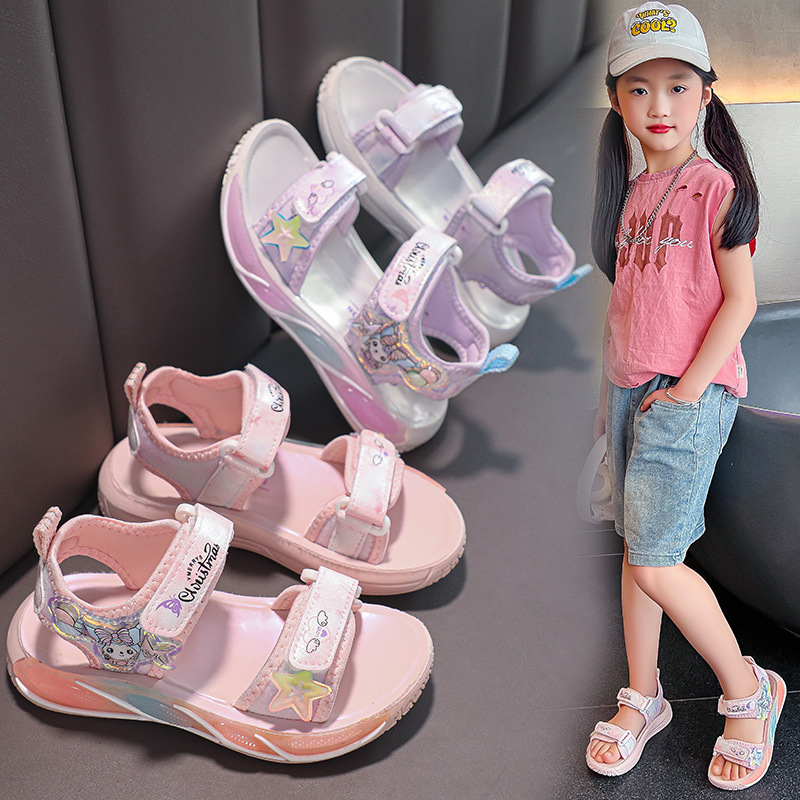 Children's Toe-Show Sandals 2024 Summer New Cartoon Sandals Soft Sole Fashion Sandals for Girls 3-12 Years Old