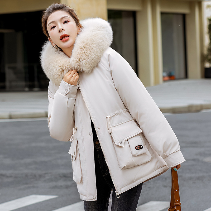 Comercio Exterior2025 invierno nuevo comercio exterior grueso para superar la cintura femenina delgada encapuchada gran cuello de cabello abrigo de algodón cálido