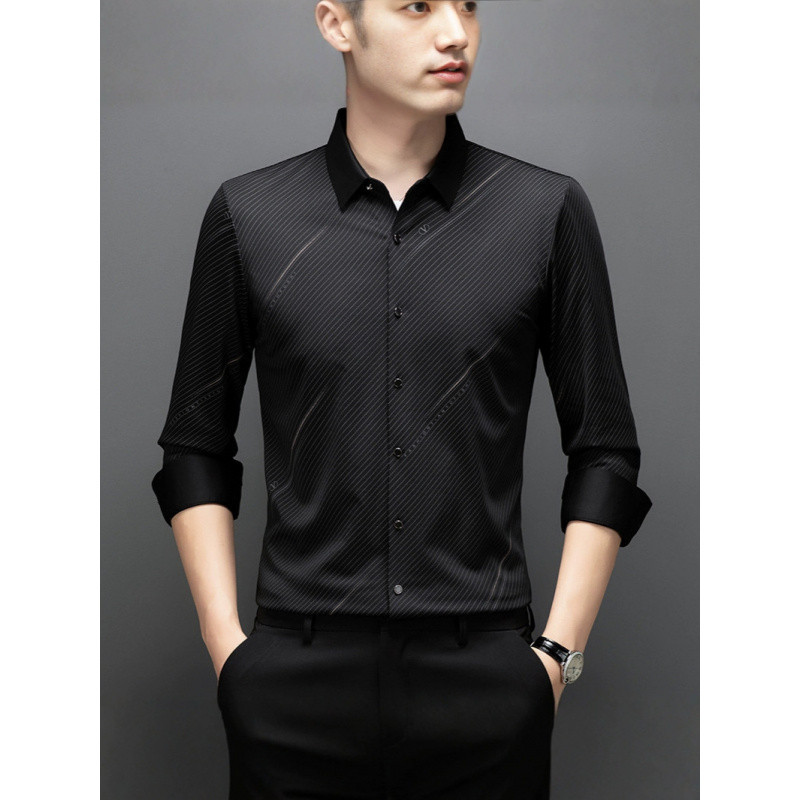 (2개) 멀버리 실크 남성용 긴팔 셔츠 봄 가을 얇은 중년 비즈니스 솔리드 컬러 솔기 없는 가벼운 럭셔리 무다림 셔츠