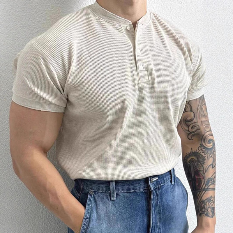 Waffle Henley Shirt Muscular Man Tough Guy Slim Short-Sleeved Textured Workwear T-Shirt Tight-Sleeved Half-Button Polo Shirt
