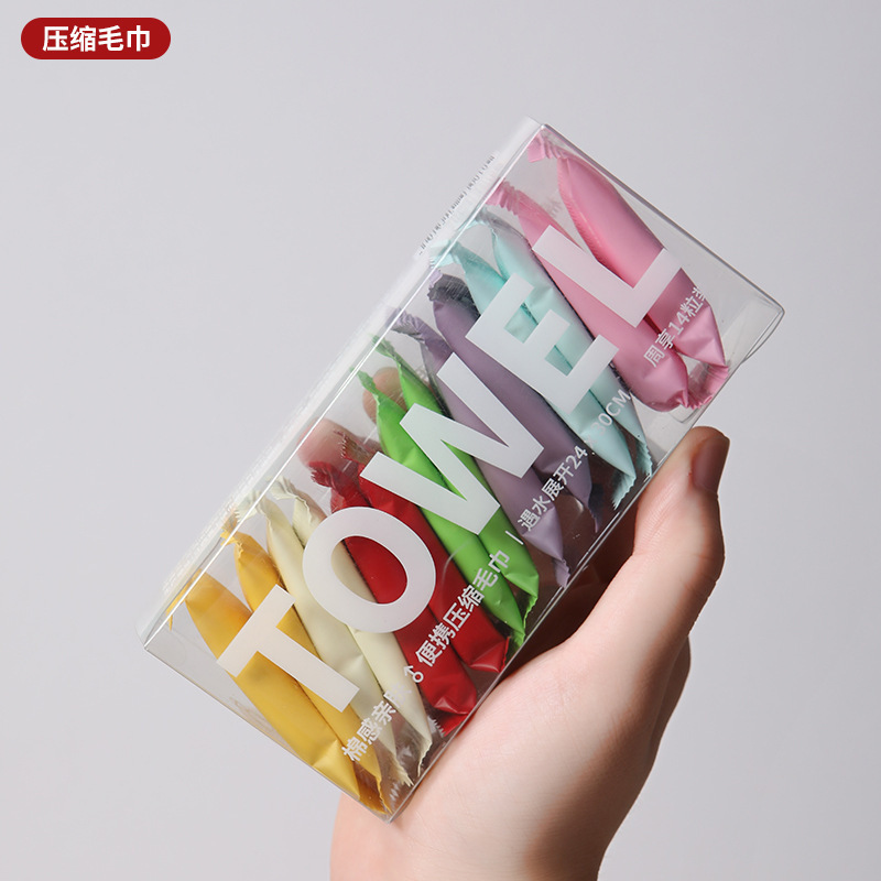 Toalla de compresión portátil de alta gama Toalla de lavado de cara nueva Limpieza de viaje Toalla de limpieza de caja independiente Toalla cuadrada pequeña