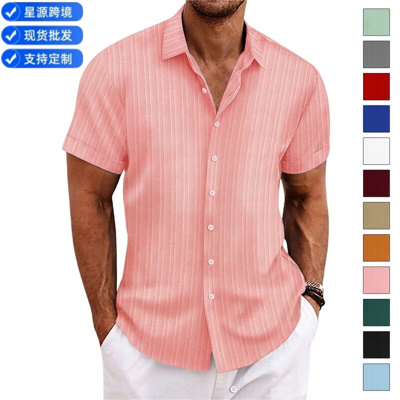 Cross-Border Hot-Selling Amazon Aliexpress Men's Cotton-Linen Striped Jacquard Casual Loose Short-Sleeve Shirt Loose Fit