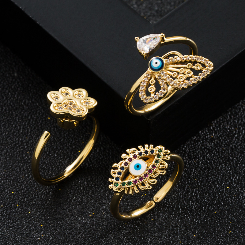 fashion copper gold-plated micro-set zircon bear paw eye butterfly ring