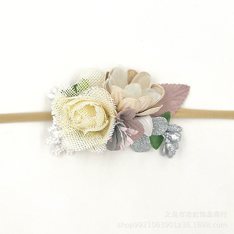 Tocado de flores de banda de pelo de tela europea y americana accesorios para el cabello de costura para niños combinación de traje de seda de rábano Rosa Flor de tocado dulce