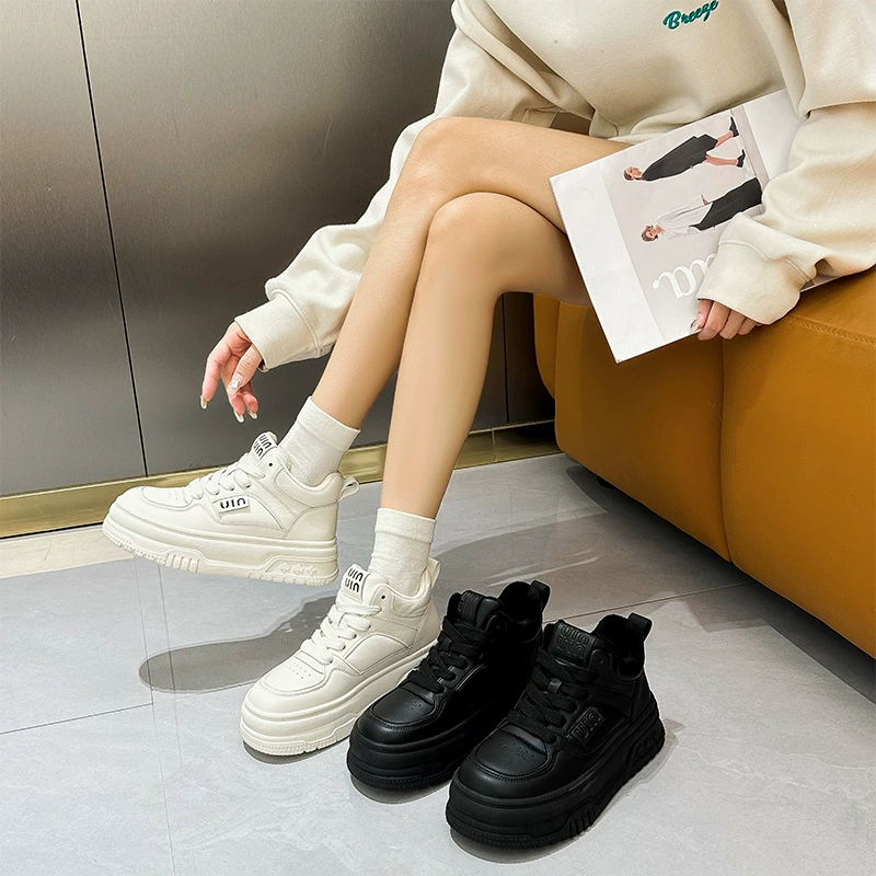 Высокие белые туфли, женская обувь на платформе, женская обувь 2023 осень-зима Новые универсальные популярные спортивные хлопчатобумажные туфли из натуральной кожи на флисовой подкладке