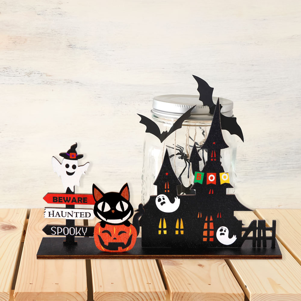 Artigianato in legno per Halloween, decorazioni per la casa da tavolo con castello, decorazioni per insegne, decorazioni a forma di zucca fantasma_voghion.com