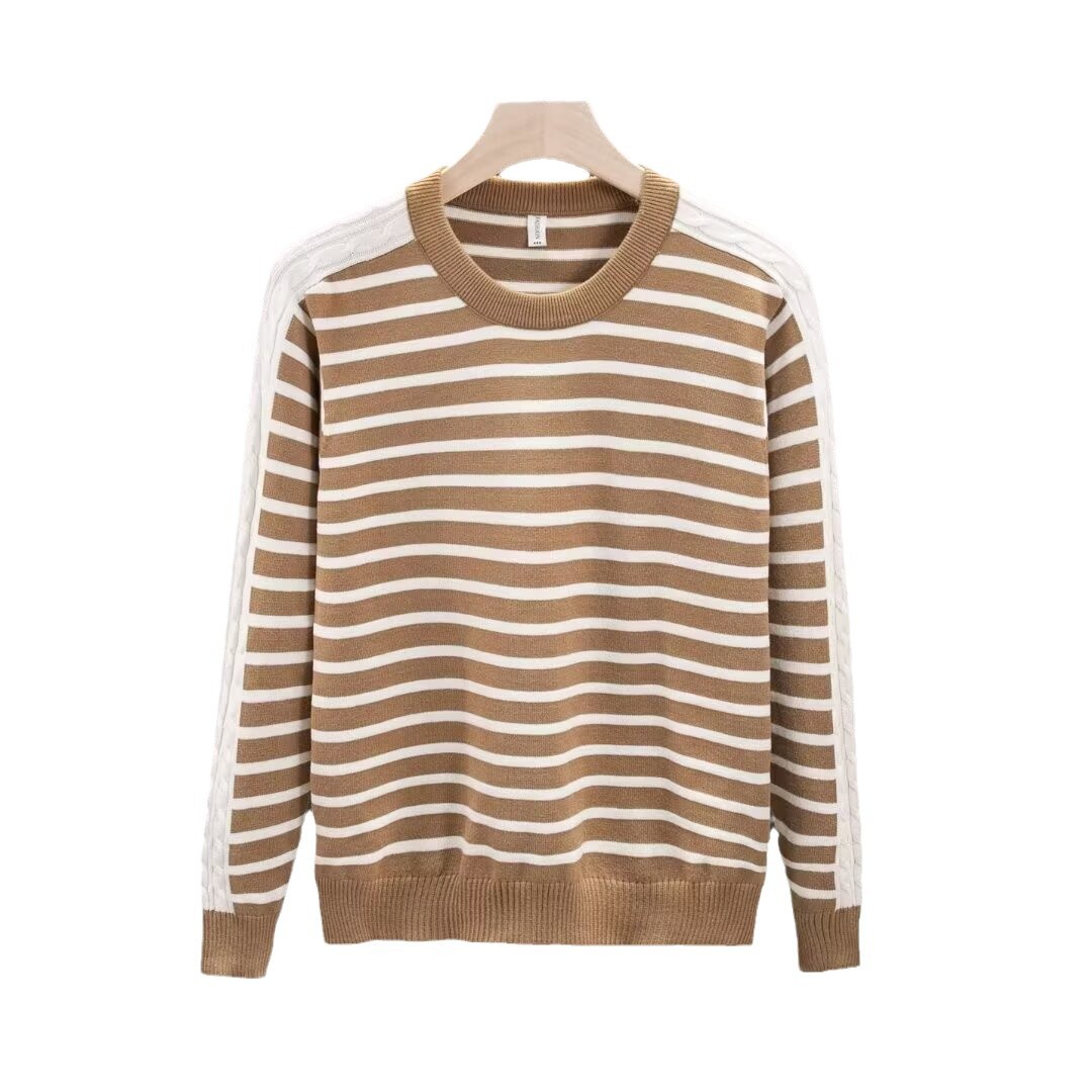 Color contrastante diseño de manguita de costura estriada camiseta de punto de moda masculina retro cuello redondo hoodie versión suelta de hombro caída camiseta de lana