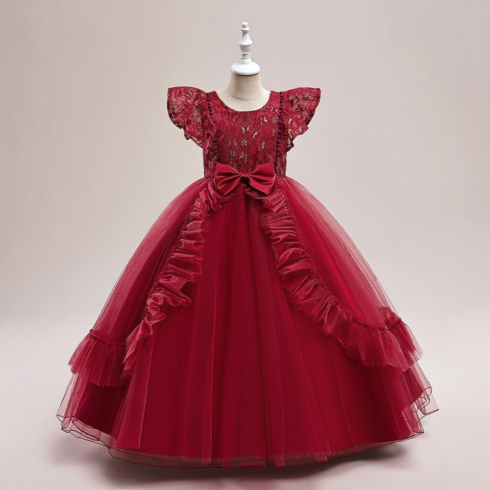 Nuevo vestido de niña de las flores, vestido de princesa de malla, vestido largo de actuación para niños, vestido largo bordado tridimensional, vestidos para niños.