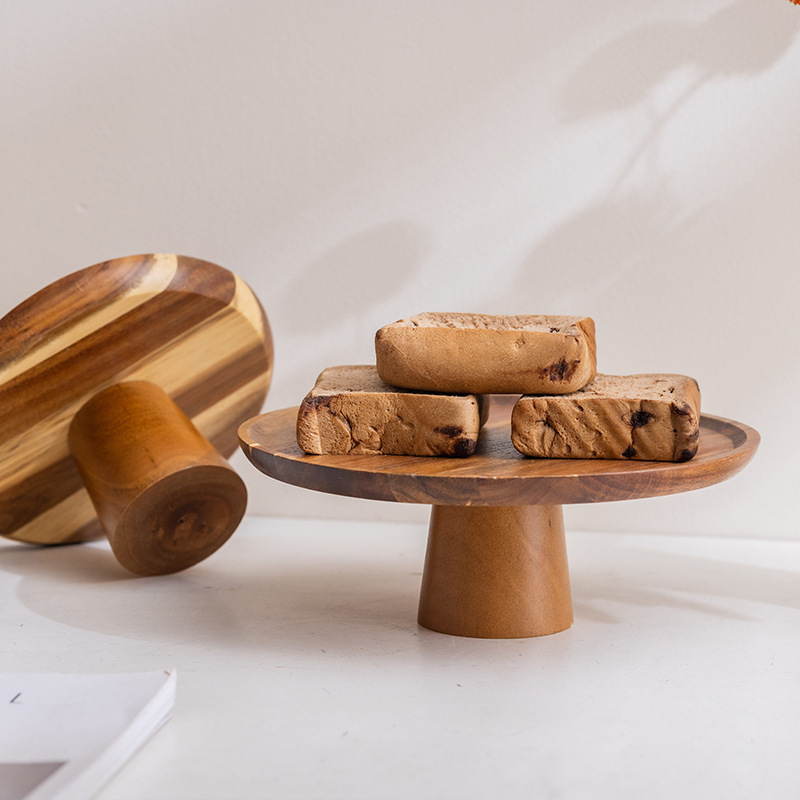 Plato de madera sólida de pies altos dulces de bocadillos bandeja redonda Acacia madera de exhibición de pies altos de madera pasteles bandeja de frutas