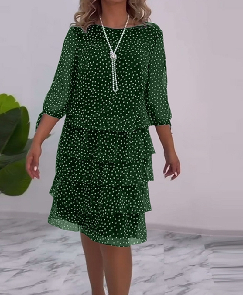 Robe midi élégante en mousseline à pois pour femme, col rond, manches trois-quarts, taille nouée, style gâteau tendance_voghion.com