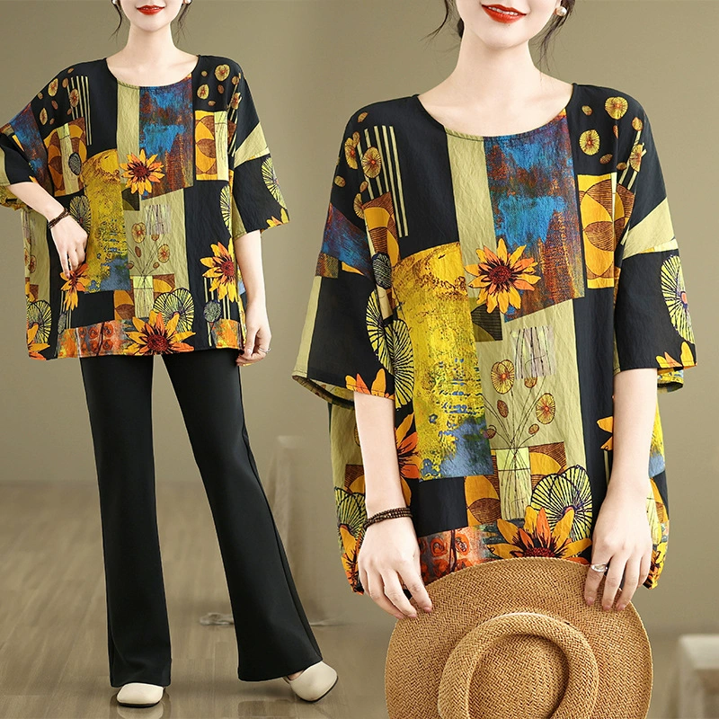 Женская одежда большого размера 2025 летом новый хлопок конопли национальный ветер летучая мышь рукава свободная футболка с круглым вырезом большого размера женская 91903 #